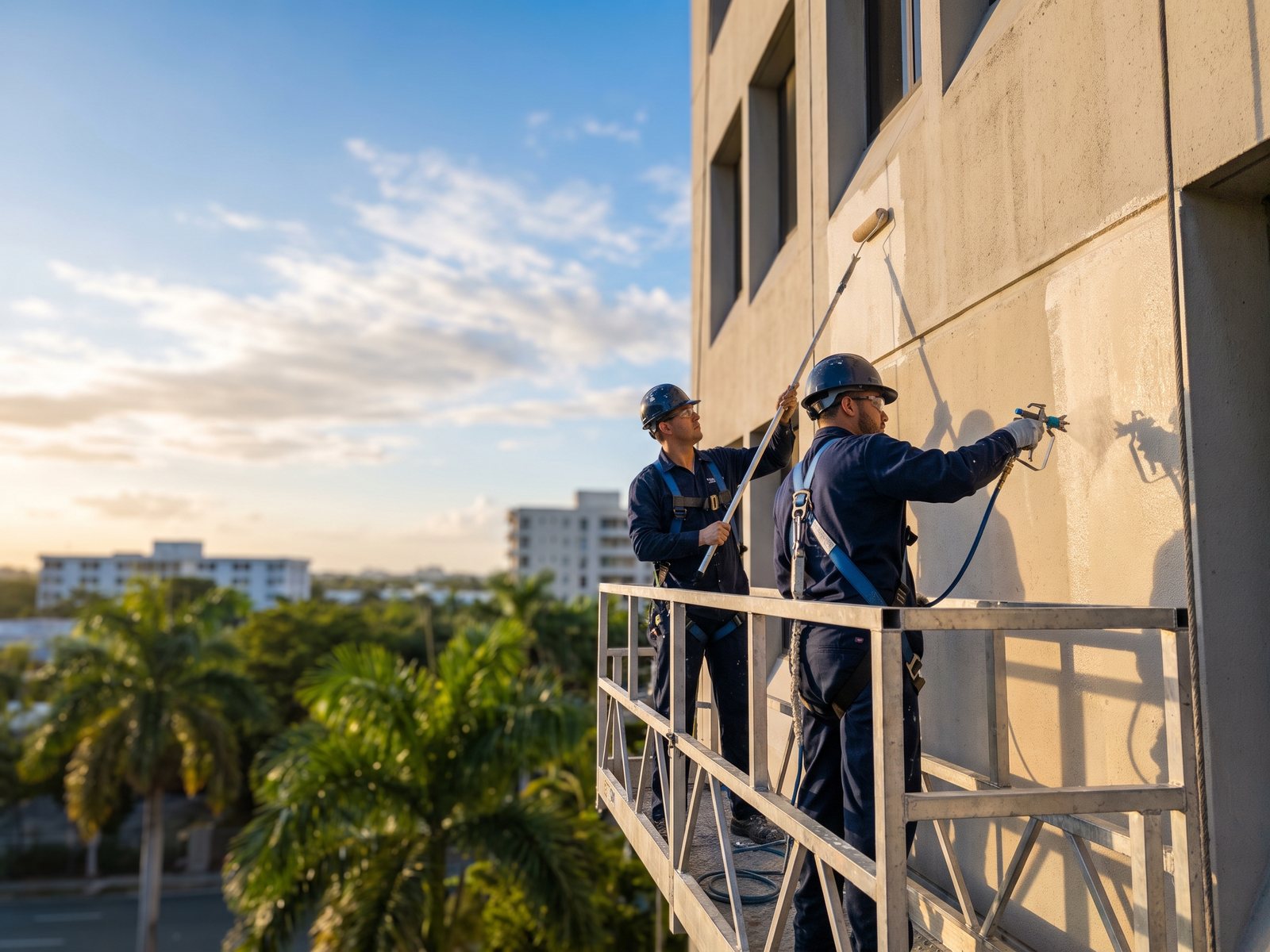 Cuadrilla de Executive Painting aplicando recubrimiento en la fachada de un edificio comercial en Puerto Rico, con arneses de seguridad y palmeras al fondo